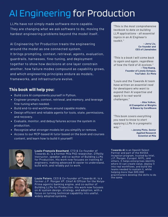 AI Engineering for Production back cover with the book description, what it will help you do, endorsements, and author bios