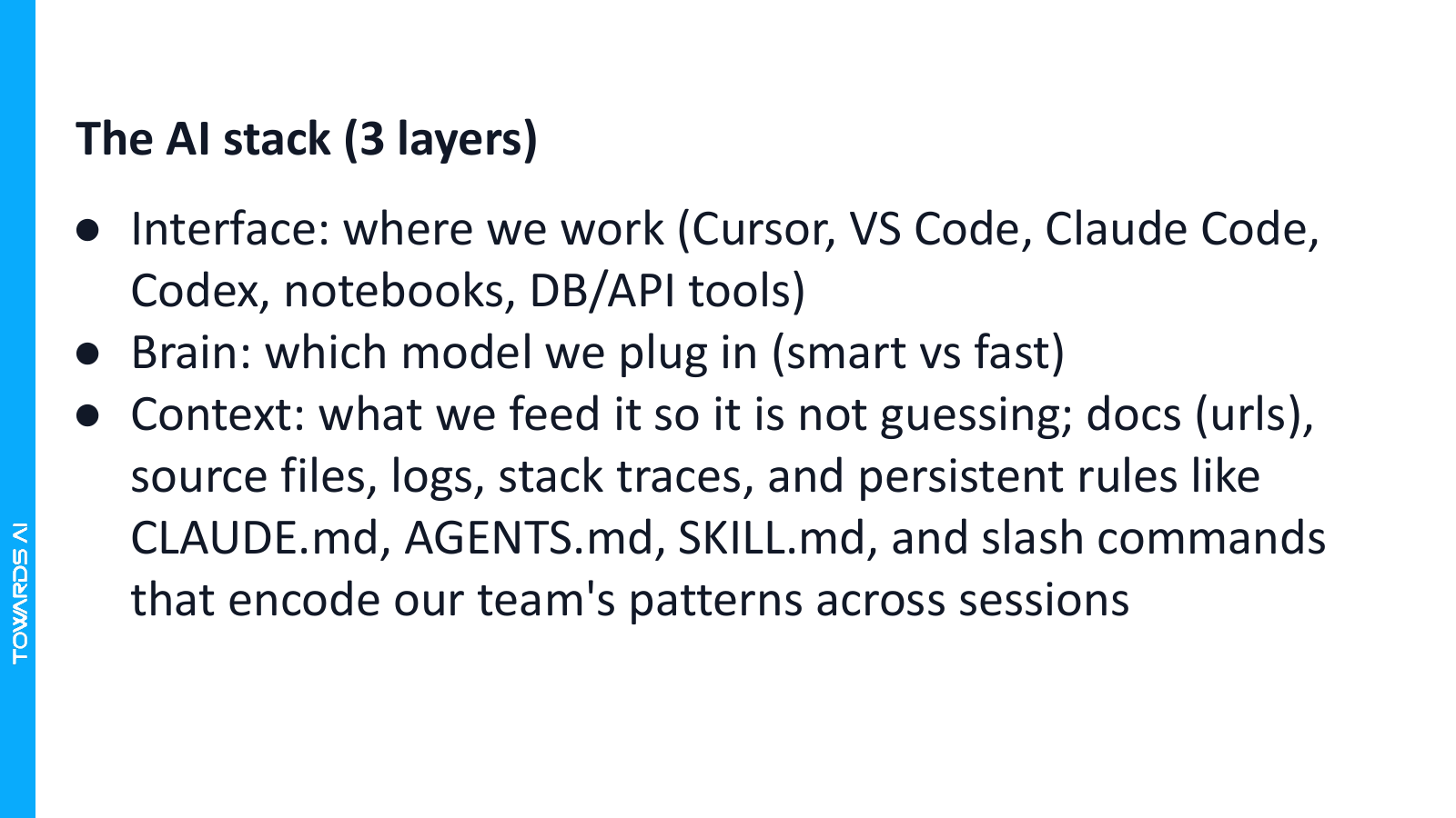 The three layers of the AI coding stack: interface, brain, and context