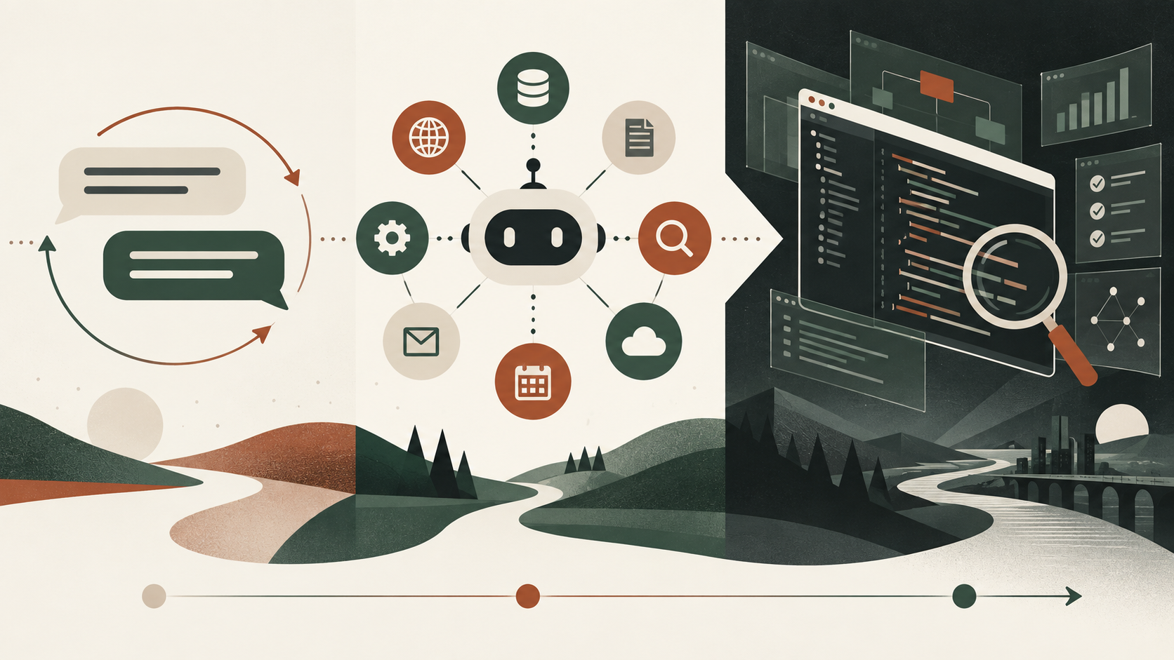Editorial timeline showing AI agents progressing from a simple loop to an inspected coding workspace