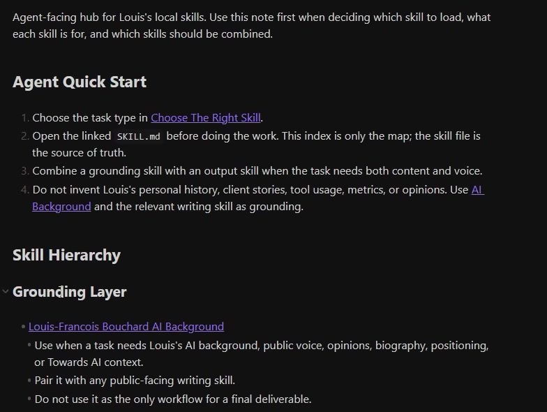 L’index des skills dans Obsidian indique aux agents de choisir le type de tâche, d’ouvrir le fichier SKILL.md pertinent et de combiner les skills de contexte et de production appropriés.
