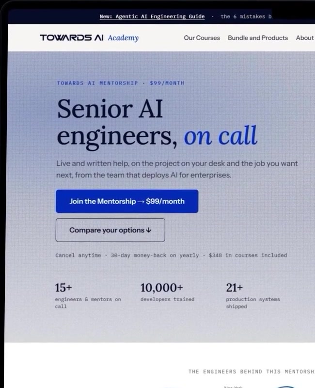La page de Towards AI Mentorship présente des ingénieurs IA seniors à votre disposition